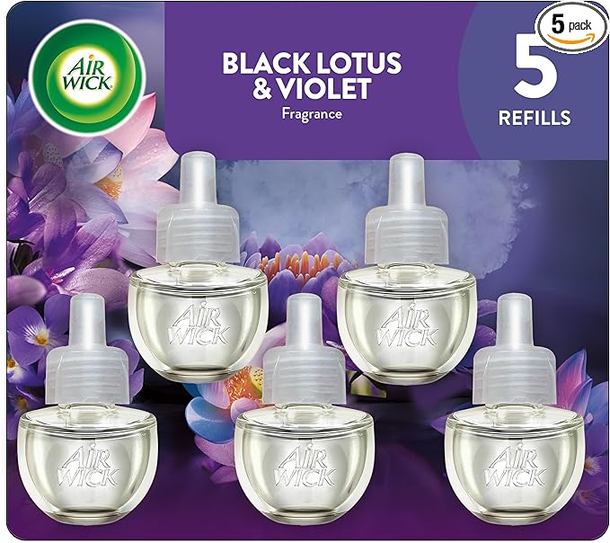 Air Wick Plug In Scented Oil Refill, Infused with Essential Oils, Plug In Air Fresheners for Home, Black Lotus & Violet, 5 ct