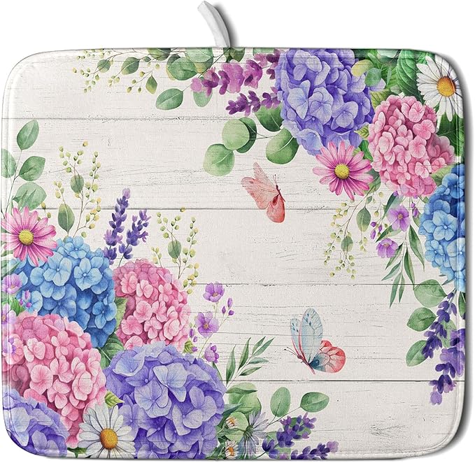 Hydrangea Floral Dish Drying Mat 16x18 inch Spring Summer Decorative Fast Dry Dishes Draining Mats Absorbent Microfiber Drainer Rack Pad