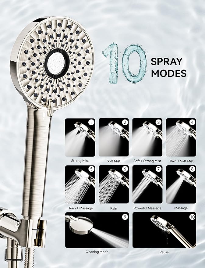 Magichome Filtered Shower Head with Handheld, High Pressure 10-Spd Detachable Chrome Showerhead with Stainless Hose, Water Softener Filter Beads for Hard Water - Remove Chlorine, Brushed Nickel-Silver
