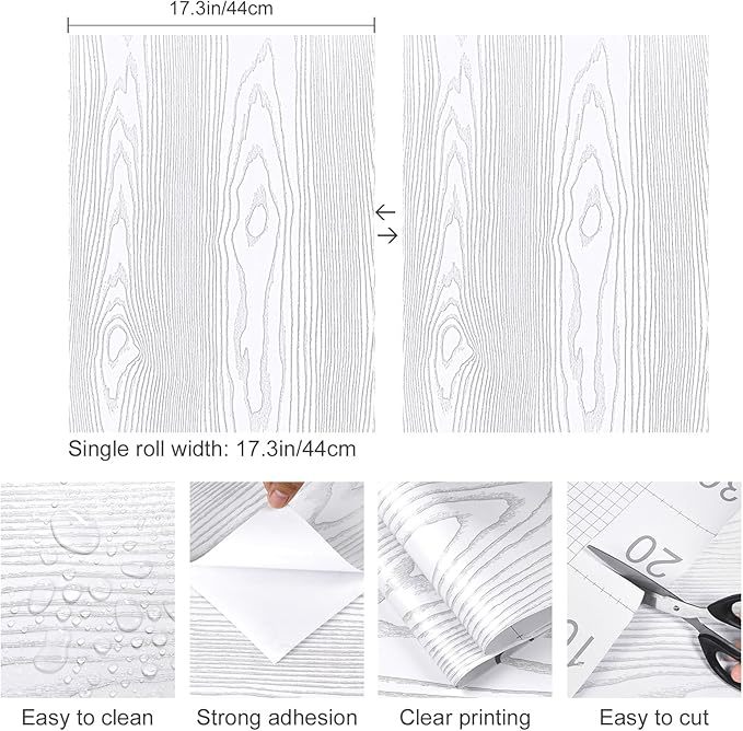 Yun-aeon White and Silver Wood Contact Paper 17.3"x80" Rustic Wooden Peel and Stick Wallpaper Removable Self-Adhesive Wallpaper Wood Grain Contact Paper for Countertops Cabinets