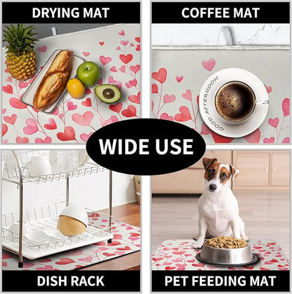 Valentines Pink Love Heart Dish Drying Mat Valentine Day Absorbent Microfiber Dish Drying Pad Heat Resistant Kitchen Counter Draining Mat Extra Large Dish Drainer Rack Mats 18x24 Inch