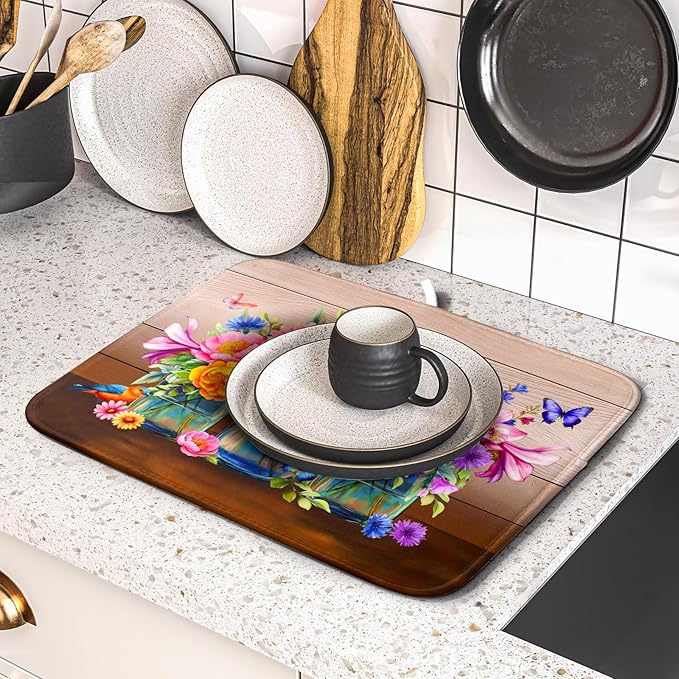 Colorful Flowers Dish Drying Mat for Kitchen Counter 16x18in Spring Flower Vases Dish Mat Drying Kitchen Mat Absorbent Microfiber Dish Drainer Rack Mats Botanical Floral Dishes Pad for Countertops