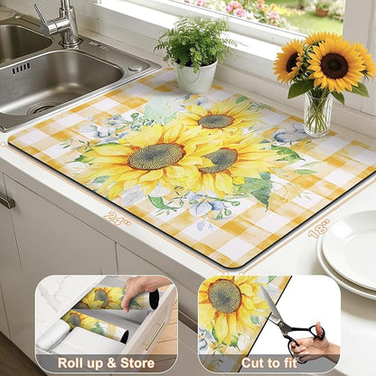 LOKHOM Dish Drying Mat for Kitchen Counter, 18"x24" Absorbent Coffee Bar Mat with Sunflowers, Vintage Floral Dish Drainer Rack Mat for Decoration