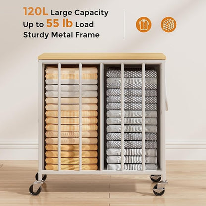 120L Laundry Hamper with Wheels and Lid, Rolling Laundry Basket with Dual Removable Liners, Soft-Close Flip-Top Wooden Lid, Metal Handles, Clothes Organizer for Bedroom and Laundry Room