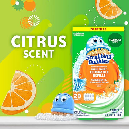 Scrubbing Bubbles Flushable Toilet Bowl Wand Cleaner Refills, Fresh Brush Cleaner Toilet Refill Pads, Removes Limescale & Odors, Citrus Scent, 20 Count (Pack of 1)