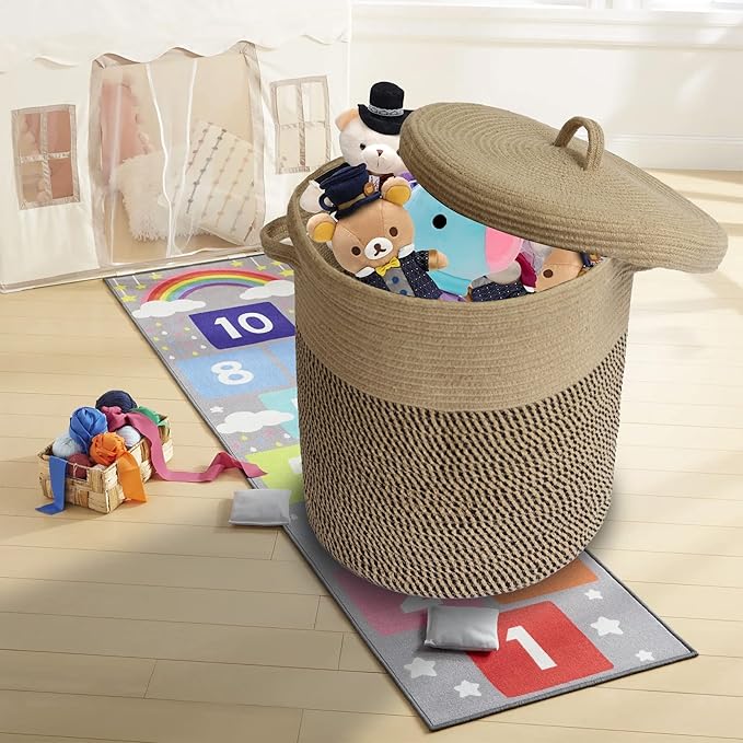 Extra Large Storage Basket with Lid 60L, 16"Wx18"H Woven Laundry Hamper Basket with Handle, Jute Rope Wicker Basket Blankets Pillows Storage in Living Room Baby Nursery, Jute/Black Mix includes Lid
