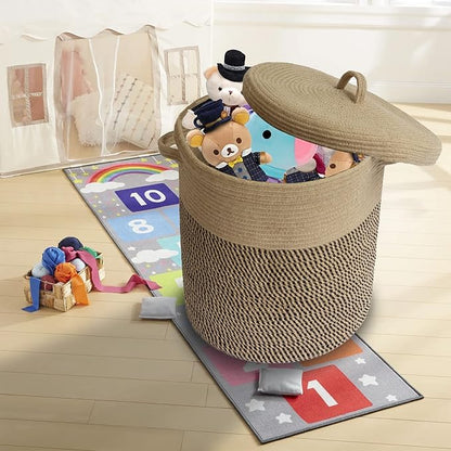 Extra Large Storage Basket with Lid 60L, 16"Wx18"H Woven Laundry Hamper Basket with Handle, Jute Rope Wicker Basket Blankets Pillows Storage in Living Room Baby Nursery, Jute/Black Mix includes Lid