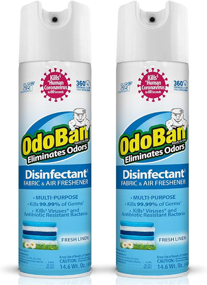 OdoBan Ready-to-Use 360-Degree Continuous Spray Disinfectant and Harsh Aroma Eliminator, Fabric and Air Freshener, 2 Pack, 14.6 Ounces Each, Fresh Linen Scent