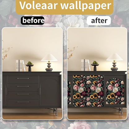 Extra Long Dark Green Leaf Floral Wallpaper 17.5In x 393In, Vintage Flower Garden Botanical Removable Wallpapers Self-Adhesive Contact Paper for Bedroom Cabinet, Accent Wall Decor Hunter Green
