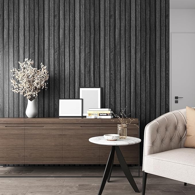 VEELIKE Charcoal Black Wooden Slat Wallpaper Peel and Stick Waterproof Dark Wood Contact Paper for Walls 15.7''x118'' Adhesive Removable Faux Wood Slats Wall Panel Wallpaper for Bedroom Accent Wall