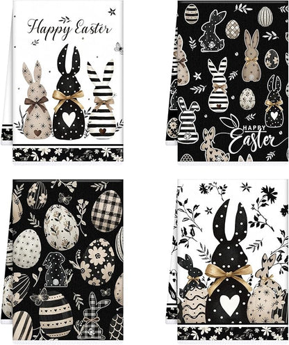 Happy Easter Kitchen Towels, Bunny Eggs Dish Towels Gifts for Cooking Cleaning Set of 4, Farmhouse Spring Rabbits Hand Towels for Bathroom Home Decor
