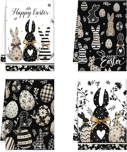 Happy Easter Kitchen Towels, Bunny Eggs Dish Towels Gifts for Cooking Cleaning Set of 4, Farmhouse Spring Rabbits Hand Towels for Bathroom Home Decor