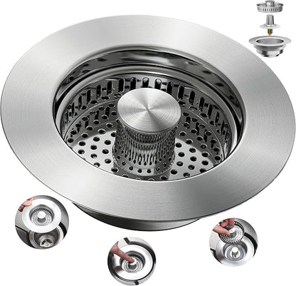 Sink Drain Strainer 3 in 1, 304 Stainless Steel Pop Up Sink Stopper, Anti-Clogging Sink Strainer, Kitchen Sink Strainer, Drain Cover and Kitchen Accessories for US Standard Sink(Silver)