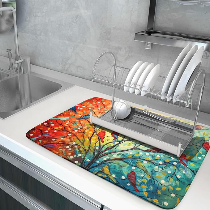 Spring Summer Floral Birds Dish Drying Mat for Kitchen Counter 18x24 Inch Spring Colorful Floral Kitchen Drying Mat Fast Dry Absorbent Microfiber Dish Drainer Rack Pad Flower Mat for Countertop Decor