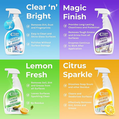 Hygea Natural Cleaning Supplies Kit All Purpose Cleaners, Citrus Degreaser, Floor and Tile Cleaner, Window, Glass and Mirror Cleaner- No Harsh Chemicals, Family safe - 4 Pack 24 oz Sprays