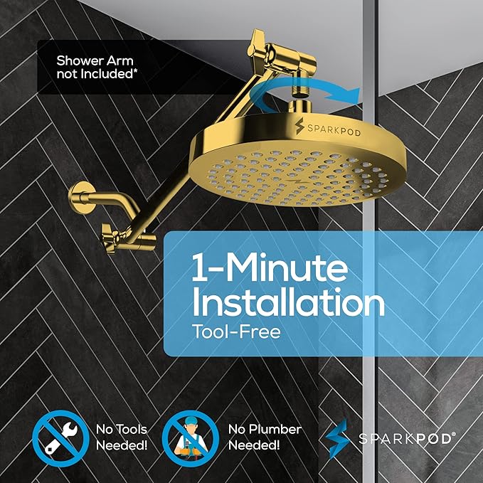 SparkPod Shower Head - High Pressure Rain - Premium Quality Luxury Design - Easy Clean Adjustable Replacement for Your Bathroom Shower Heads (Egyptian Gold, 8 Inch Round)