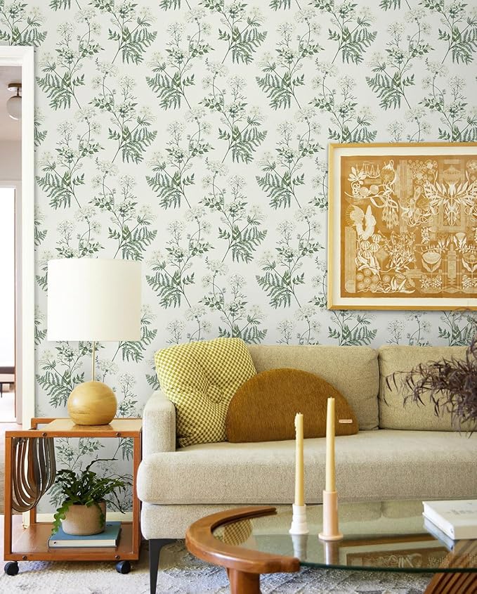Timeet Green Floral Wallpaper Peel and Stick Floral Leaf Contact Paper 16.14"x393.7" Green White Flower Wallpaper Removable Self Adhesive Wall Paper for Walls Covering