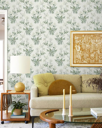 Timeet Green Floral Wallpaper Peel and Stick Floral Leaf Contact Paper 16.14"x393.7" Green White Flower Wallpaper Removable Self Adhesive Wall Paper for Walls Covering