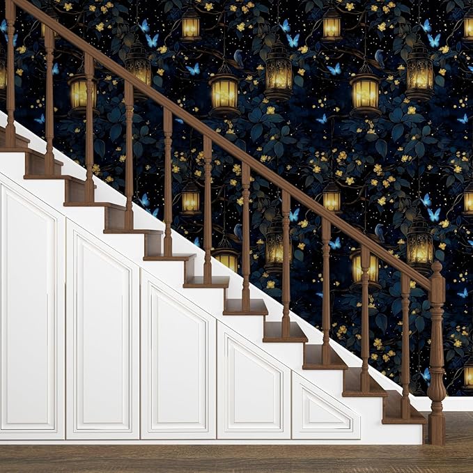 Extra Long Dark Floral Peel and Stick Wallpaper, 17.5In x 393In Fantasy Wonderland Forest Self-Adhesive Removable Wall Paper for Bedroom Cubicle Cabinet Drawer, Vinyl Contact Paper Black Blue