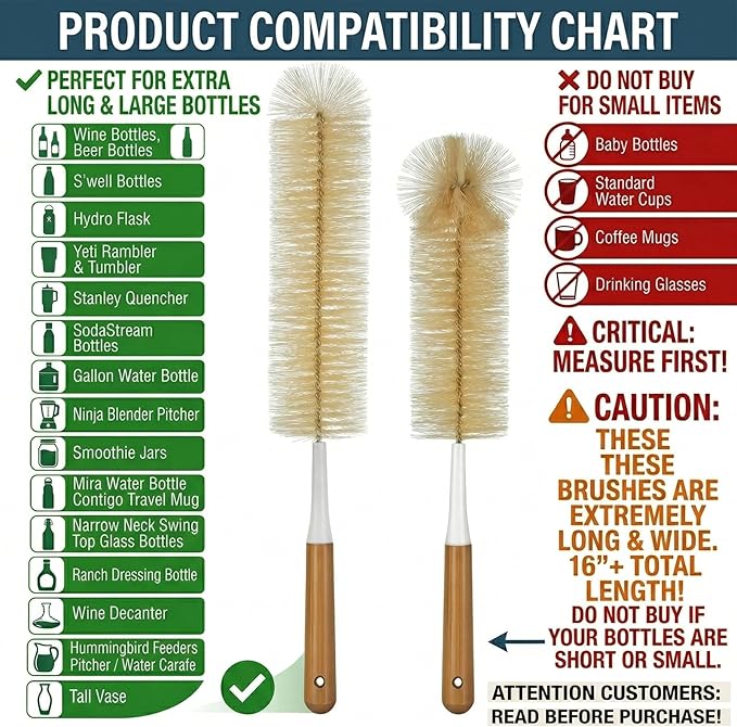 ALINK Extra Large Long Bottle Brush Set - 16" / 15" Long Bamboo Handle Bottle Cleaner for Narrow Neck Beer Wine Bottles, Decanter, Tumblers, Thermos, Jugs with Straw Brush, Kettle Spout/Lid Brush