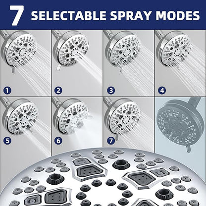 High Pressure Shower Head, 7-Spray Mode Adjustable Showerhead with 4-Inch Round Head, High Flow Handheld Shower for Low Water Pressure, Easy Install & Clean, Round Chrome