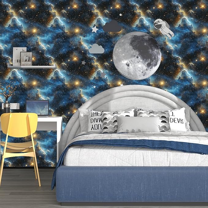 Fvlow Starry Night Sky Wallpaper Peel and Stick 17.4" x 118" Dark Blue Galaxy Contact Paper Modern Space Wallpaper for Bedroom Cabinet Bathroom Home Decor