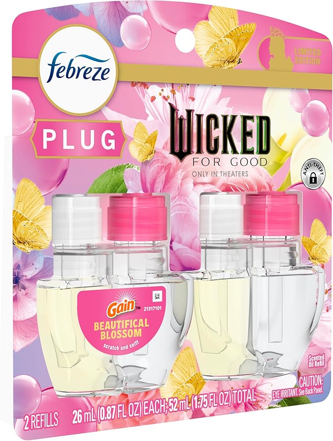 Febreze Plug-In Air Freshener, “Wicked: For Good” Limited Edition Odor-Fighting Scented Oil Refill, Home, Bathroom & Kitchen Use, Long Lasting, Beautifical Blossom, 2 Count