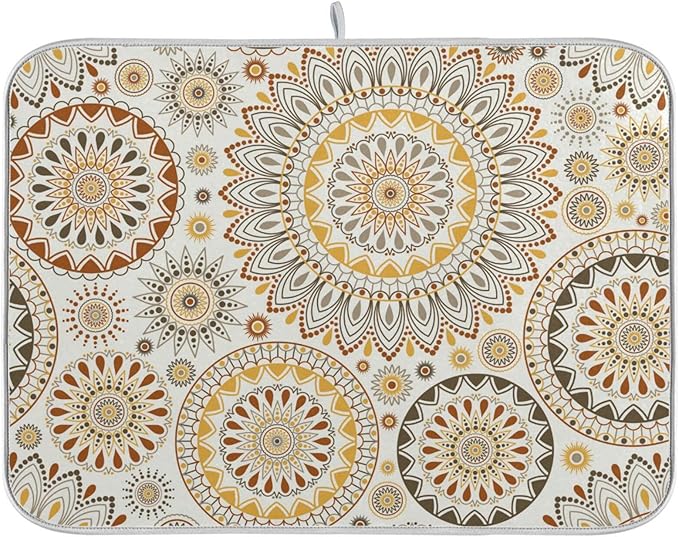 Mandala Ethnic Bohemian Ornament Dish Drying Mat for Kitchen Counter Absorbent Microfiber Drying Pad, Medium 16x18 in, Reversible Drainer Mats