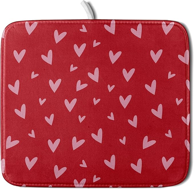 Valentines Dish Drying Mat for Kitchen Counter 16x18 Inch Valentine's Day Red Pink Love Heart Print Absorbent Reversible Microfiber Drying Mats Kitchen Countertop Protector Dishes Drainer Rack Pad