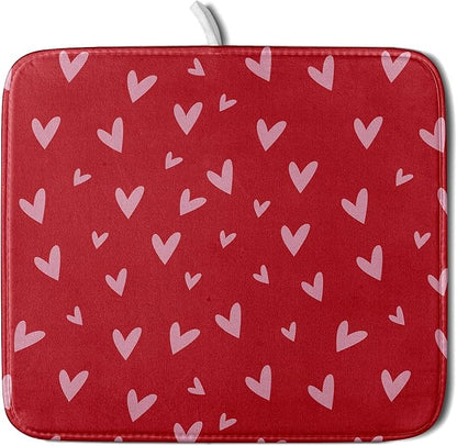 Valentines Dish Drying Mat for Kitchen Counter 16x18 Inch Valentine's Day Red Pink Love Heart Print Absorbent Reversible Microfiber Drying Mats Kitchen Countertop Protector Dishes Drainer Rack Pad