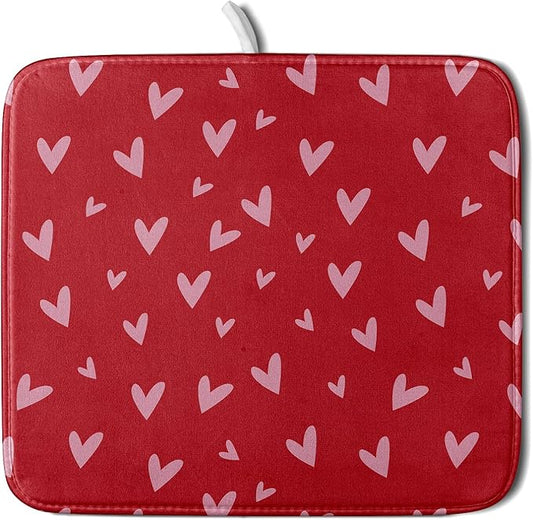 Valentines Dish Drying Mat for Kitchen Counter 16x18 Inch Valentine's Day Red Pink Love Heart Print Absorbent Reversible Microfiber Drying Mats Kitchen Countertop Protector Dishes Drainer Rack Pad