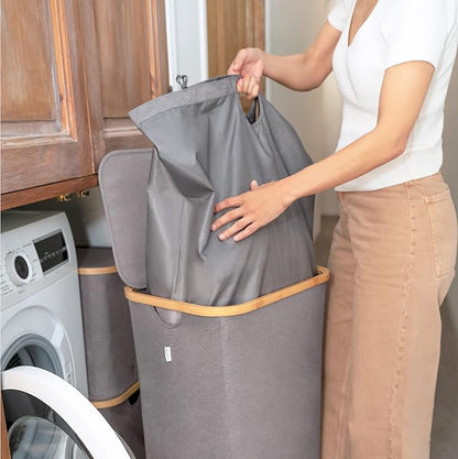 LONBET Laundry Basket with Lid, Made from Breathable Fabric | Aesthetic Clothes Hampers for Laundry with Side Handles & Sturdy Bamboo Frame (26 Gallons - Single, Gray)