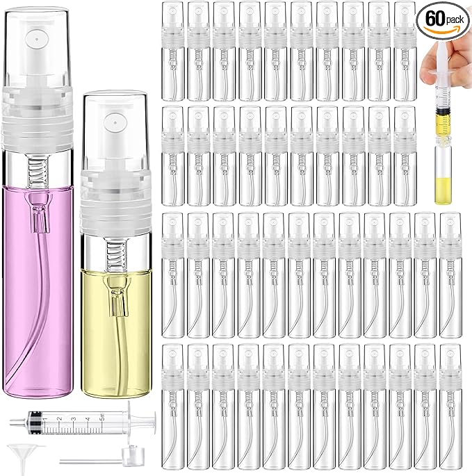 60PCS Small Perfume Sample Bottles, 30PCS 5ml Mini Spray Bottle with 30PCS 3ml Fine Mist Portable Travel Refillable Bottle, Plastic Atomizer Sprayer for Perfume