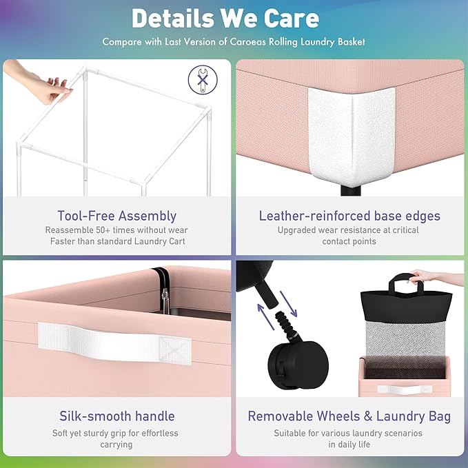 Caroeas Next-Gen 105L Matel Frame Laundry Basket with wheels, Heavy Duty Tall Rolling Laundry Hamper with Removable Wash Bag, Collapsible Freestanding Clothes Hamper For Laundry Room (105L,Pink,1Pack)