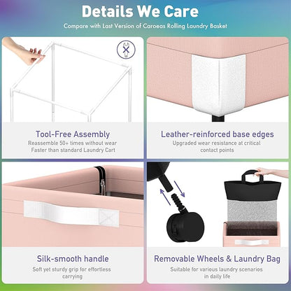 Caroeas Next-Gen 105L Matel Frame Laundry Basket with wheels, Heavy Duty Tall Rolling Laundry Hamper with Removable Wash Bag, Collapsible Freestanding Clothes Hamper For Laundry Room (105L,Pink,2Pack)