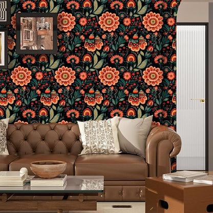 Fvlow Boho Floral Wallpaper Peel and Stick Dark Red Large Flower Contact Wall Paper Waterproof Self-Adhesive Wall Covering for Bedroom Countertop Desk Cabinets Decor Renter Friendly 17.4" x 118"