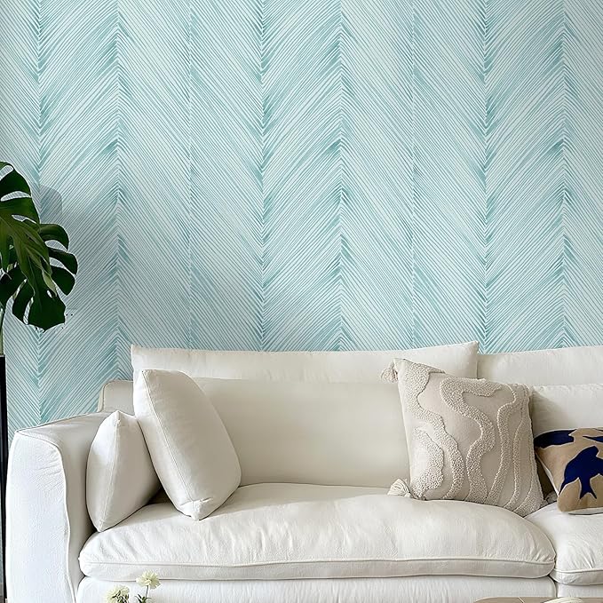 Modern Peel and Stick Wallpaper A Set of 17.3"x1200" Teal Green Herringbone Striped Wall Paper Boho Self-Adhesive Removable Contact Paper for Cabinets Bathroom Bedroom Wall Decor