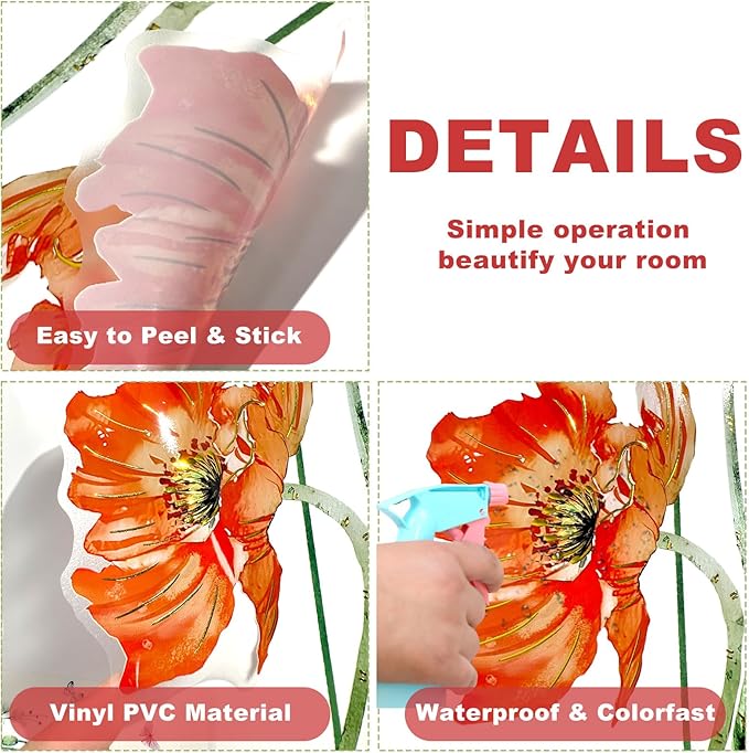 Floral Butterflies Wall Decal Red Flower with Colorful Butterflies Wall Stickers Peel and Stick Waterproof Decor for Living Room Bedroom