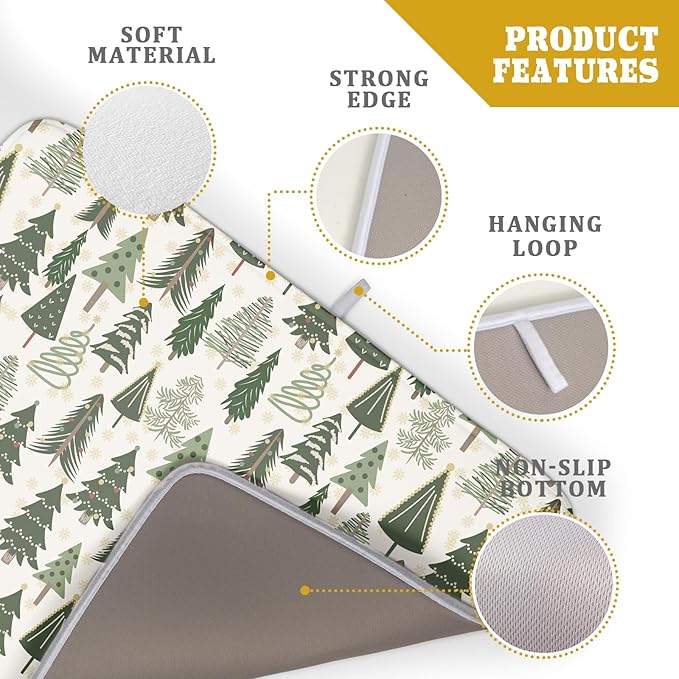 Christmas Dish Drying Mat for Kitchen Counter 18x24 Green Xmas Tree Block Print Winter Holiday Theme Absorbent Reversible Microfiber Drying Mats Kitchen Countertop Protector Dishes Drainer Pad