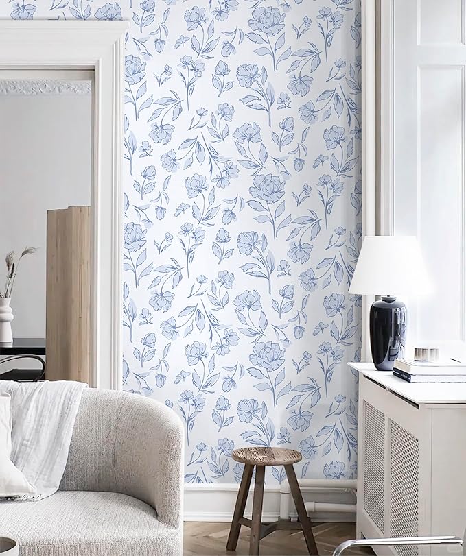 Timeet Floral Peel and Stick Wallpaper Blue and White Wallpaper Removable Self-Adhesive Wall Paper for Bedroom Bathroom Vintage Contact Paper for Walls Covering 17In×78.7In