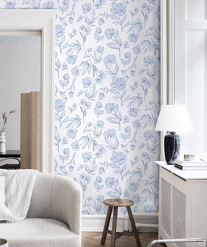 Timeet Floral Peel and Stick Wallpaper Blue and White Wallpaper Removable Self-Adhesive Wall Paper for Bedroom Bathroom Vintage Contact Paper for Walls Covering 17In×78.7In
