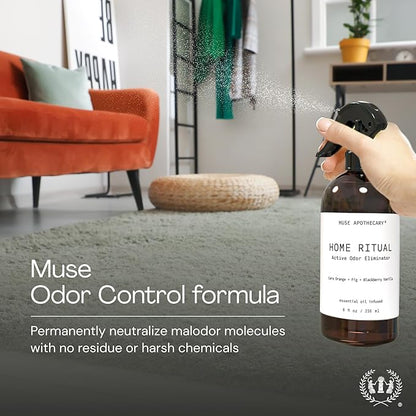 Muse Apothecary Home Ritual Active Odor Eliminator Spray - Furniture Deodorizer Spray & Bathroom Odor Eliminator for Home - Essential Oil Air Freshener - 8oz, Cara Orange + Fig + Blackberry Vanilla