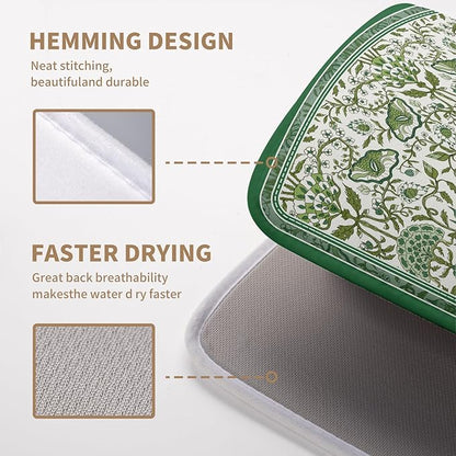 Green Floral Dish Drying Mat for Kitchen Counter 16x18 Inch Spring Summer Flowers Drying Mats Microfiber Absorbent Dish Drainer Pad Reusable Washable Dish Draining Mat for Coffee Bar Sink