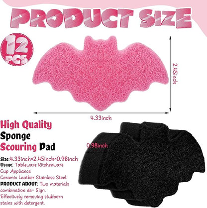 Tioncy 12 Pack Bat Kitchen Sponges Bulk Dual Sided Scrubber Sponges Dishwashing Non Scratch for Bat Kitchen Accessories Dish Scouring Black, White, Pink