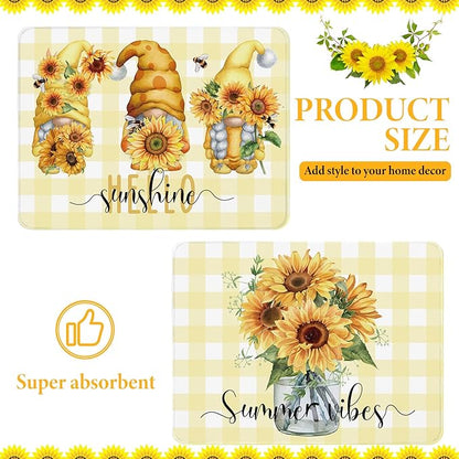 SiliFine 2 Pcs Sunflower Dish Drying Mat for Kitchen, Summer Absorbent Microfiber Dish Mat Counter Sunflower Gnome 18 x 24 Inch Dish Draining Mat Dish Drying Pad Reusable Washable Mat