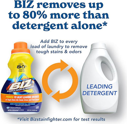 Biz Detergent Stain and Odor Eliminator, 50 oz Liquid Laundry Booster – Powerful Stain Remover for Clothes, Activewear, and Household Fabrics