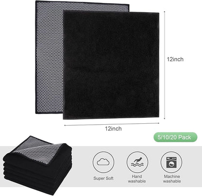SINLAND Microfiber Dish Cloth Kitchen Cleaning Dish Towel Absorbent Fast Dry Streak Free Cleaning Cloths Poly Scour Side for House, Kitchen 12 Inch x 12 Inch 20 Pack Black