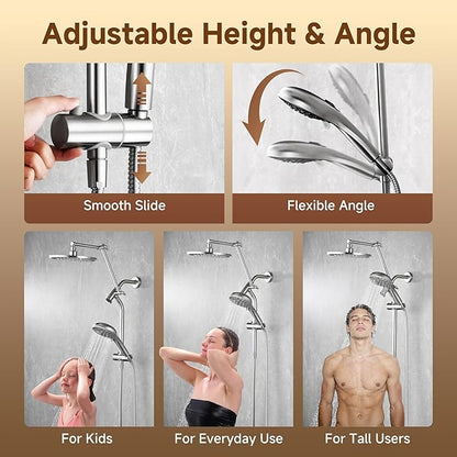 BRIGHT SHOWERS Rain Shower Head with Handheld Spray, High Pressure Dual Shower Head, Adjustable Extension Arm & Slide Bar, 9 Spray Modes Built-in Power Wash, 3-Way Diverter, 69" Hose, Brushed Nickel