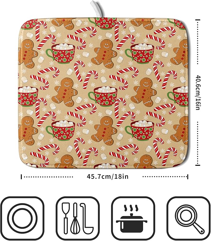 Christmas Gingerbread Man Dish Drying Mat for Kitchen Counter 16x18 Xmas Candy Cane Winter Holiday Theme Absorbent Reversible Microfiber Drying Mats Kitchen Countertop Protector Dishes Drainer Pad