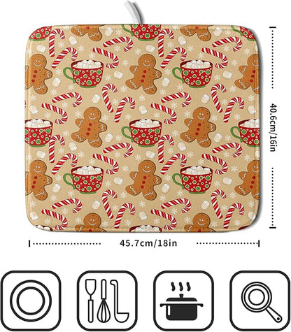 Christmas Gingerbread Man Dish Drying Mat for Kitchen Counter 16x18 Xmas Candy Cane Winter Holiday Theme Absorbent Reversible Microfiber Drying Mats Kitchen Countertop Protector Dishes Drainer Pad